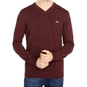 Lacoste V-Neck Sweater Mens L Burgundy Cotton Logo Pullover Preppy,Layering
